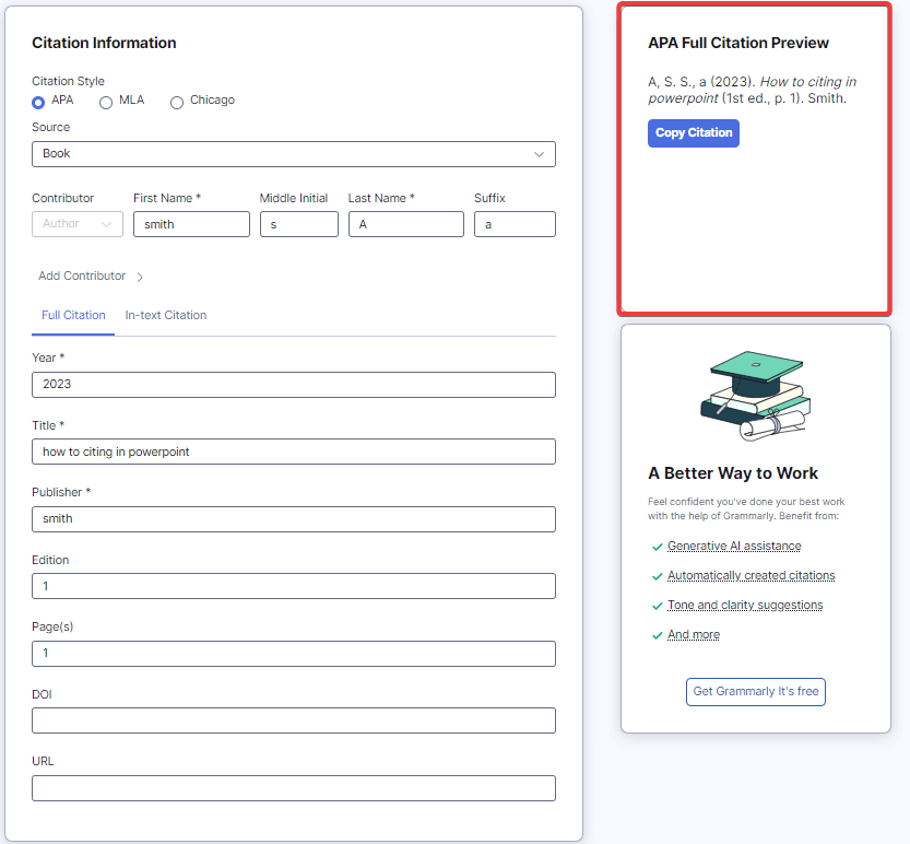 Citation been generate