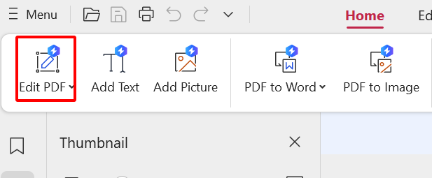 Select Edit PDF in the main toolbar.