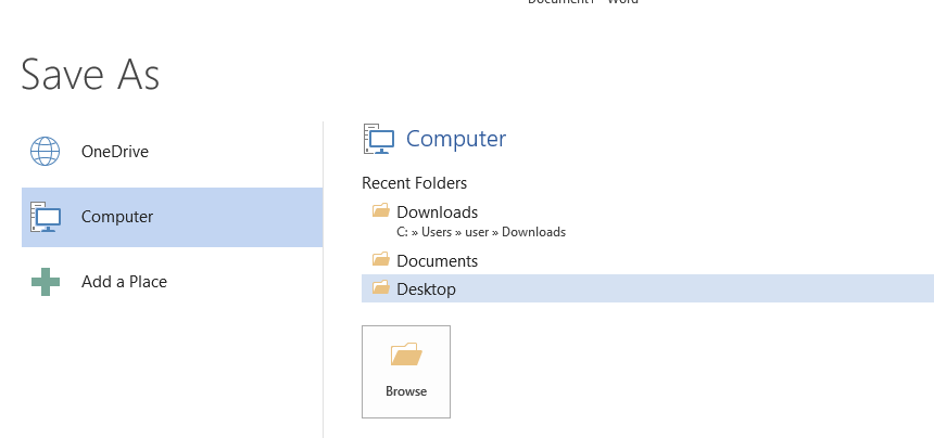 Choosing the location to save a file in MS Word