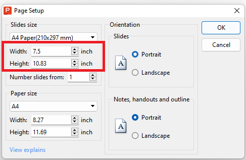 WPS Office Slide Size window