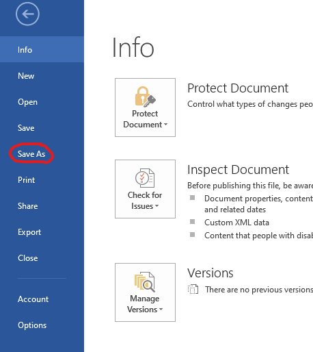Menu showing the save as option and others under the file tab