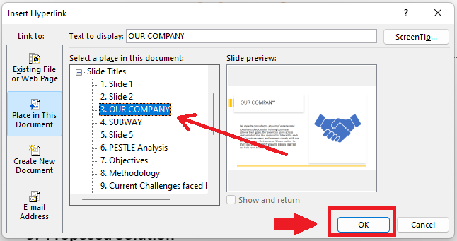 PowerPoint select slide as hyperlink