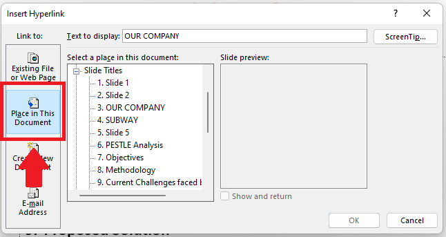 PowerPoint insert hyperlink window
