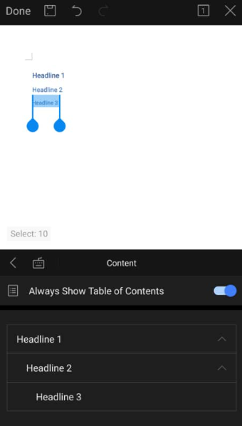 table of contents is display