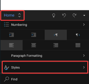 Home tab and Styles button setup