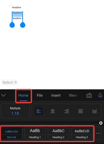 Home tab and Heading button setup