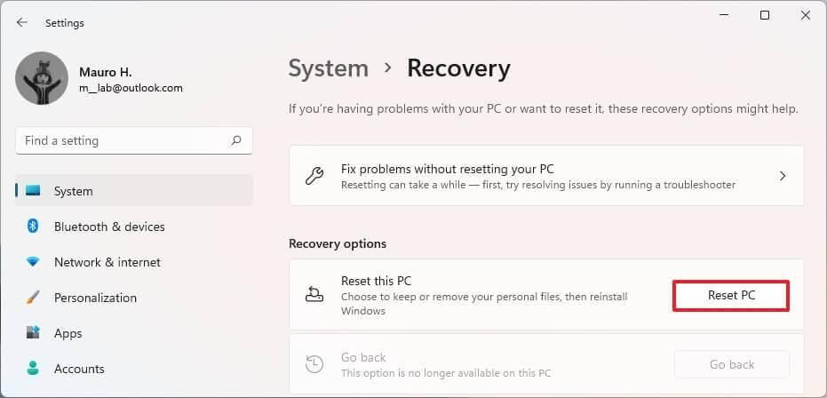 Click on Recovery