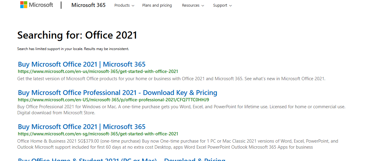 Search for Office 2021