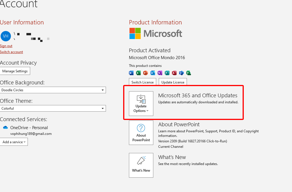 Microsoft PowerPoint update screen showing software version checking process
