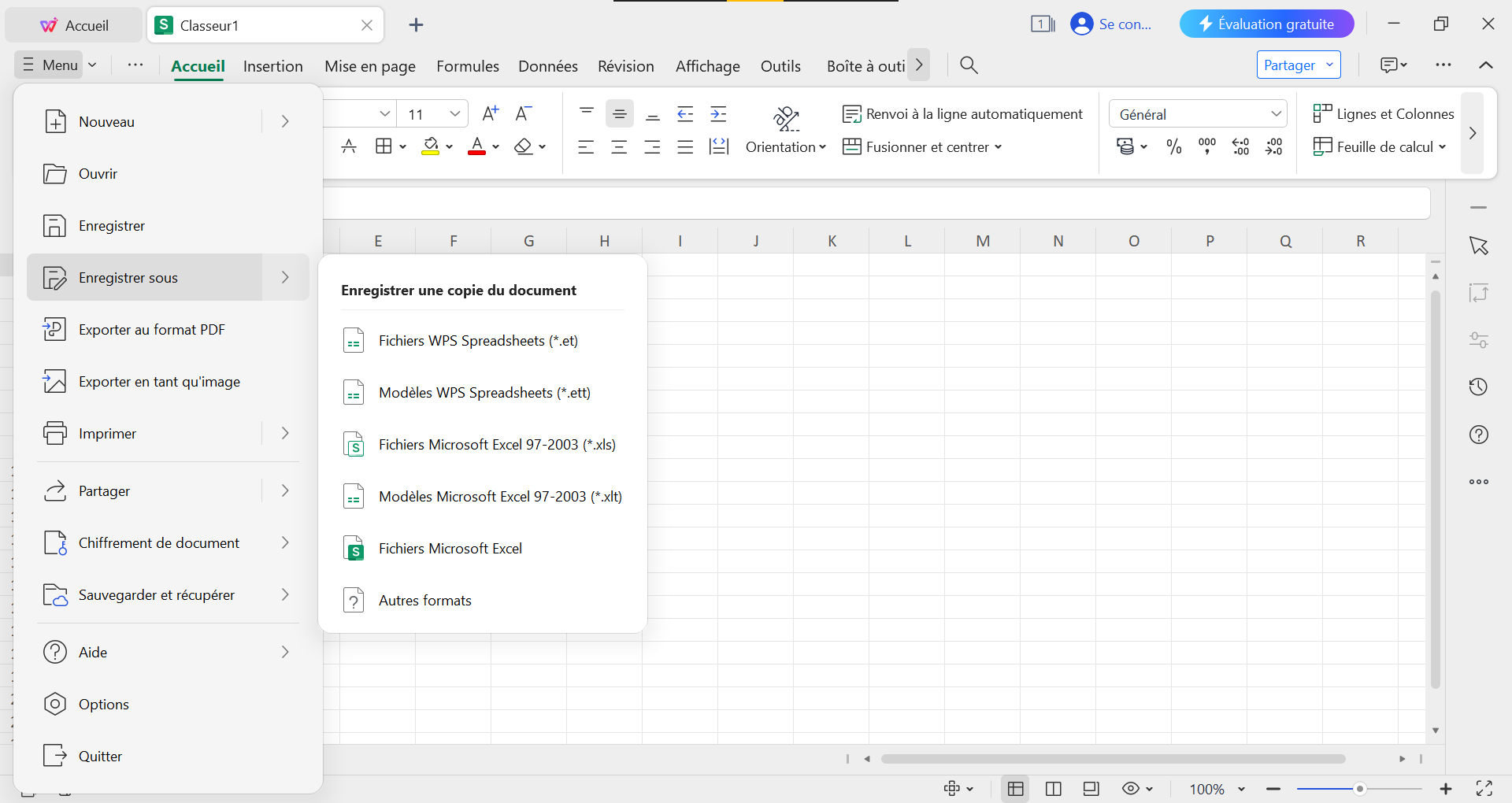 Différentes options d'enregistrement dans le Tableur WPS