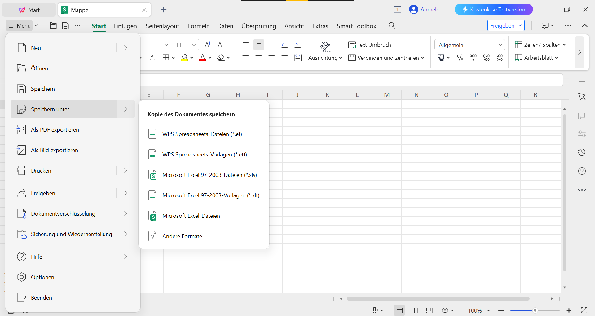 Unterschiedliche WPS Spreadsheet Speichern-als-Optionen