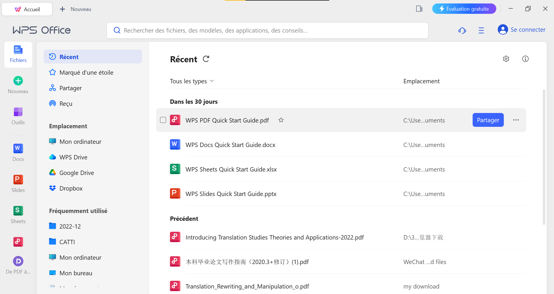 Page principale de WPS Office