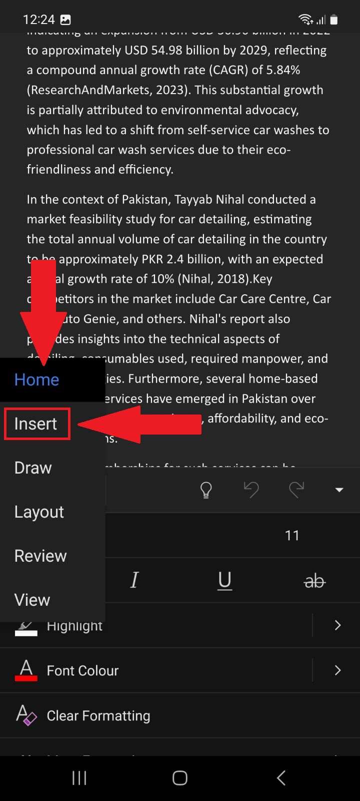 Microsoft Word Android Home and Insert