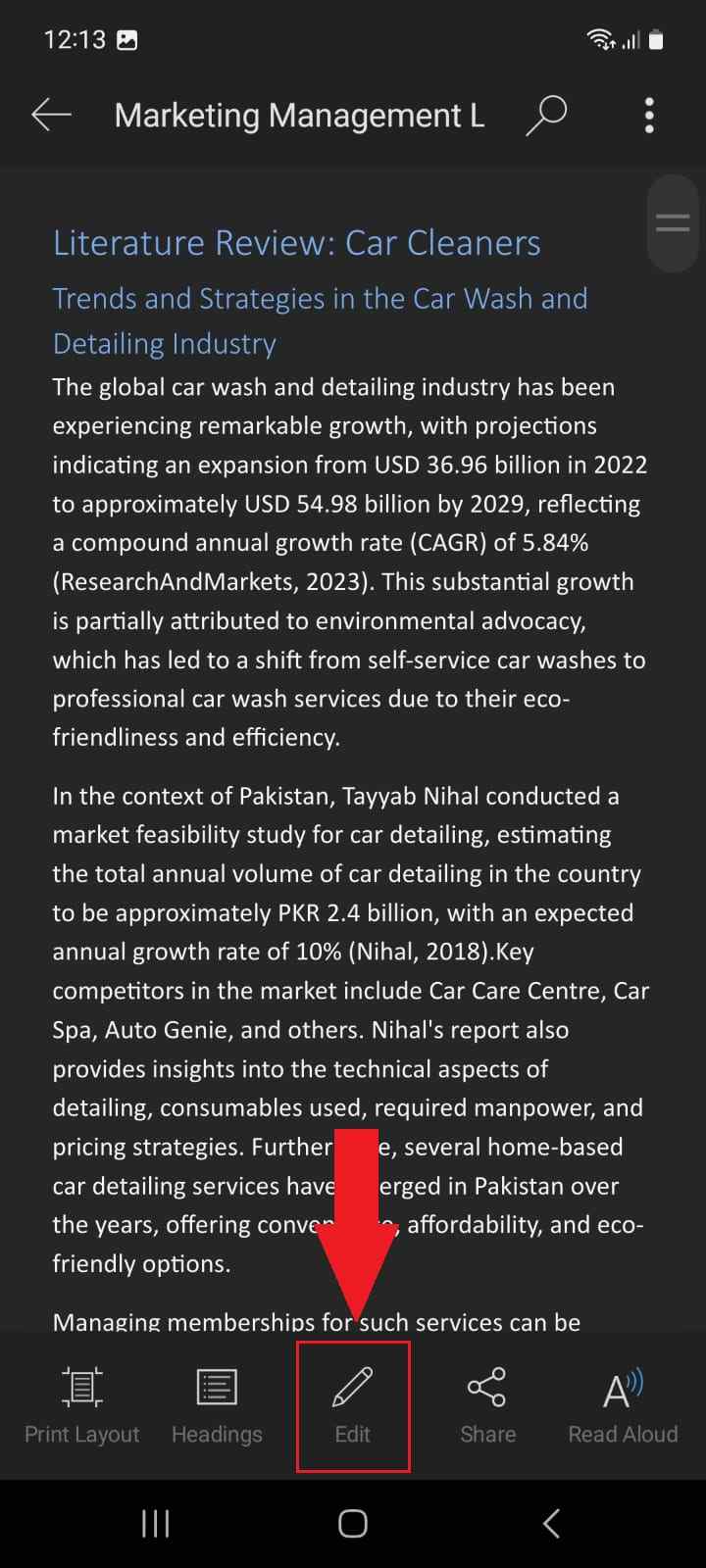 Microsoft Word Android Edit option