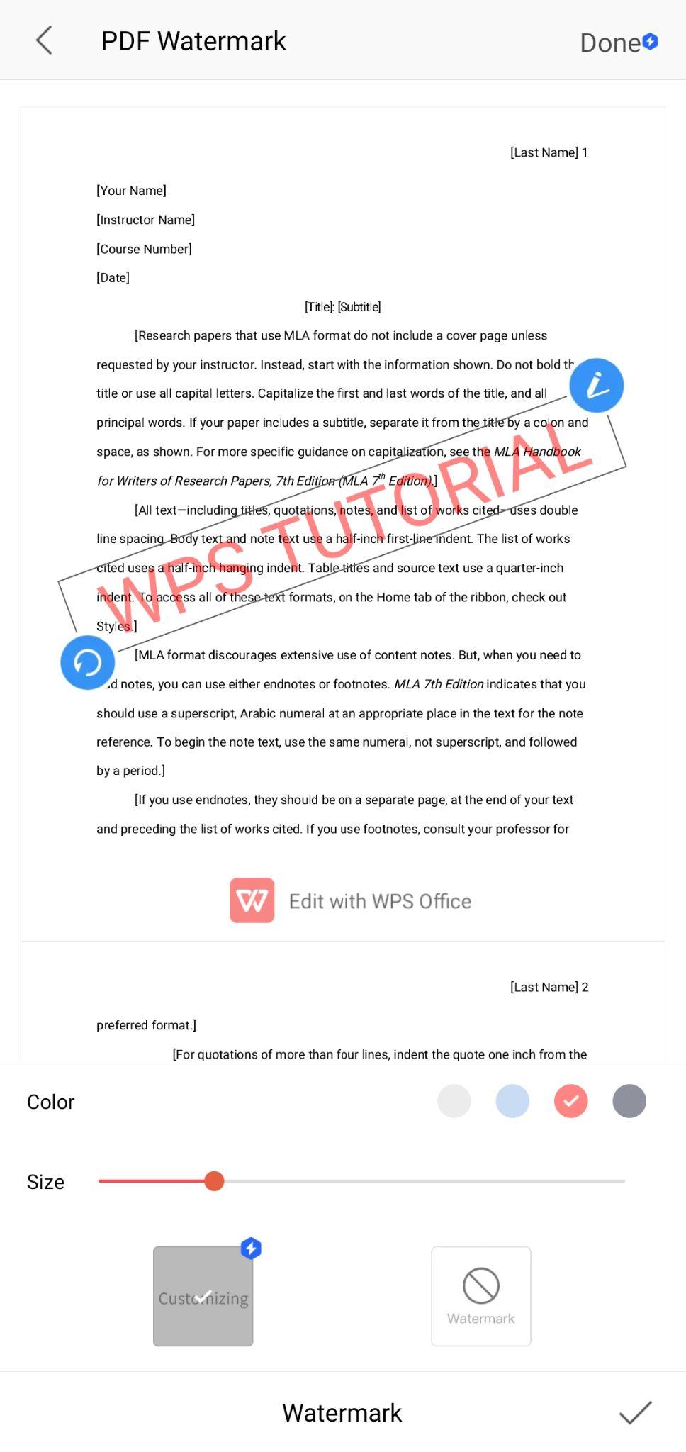 “customize watermark in WPS Office”