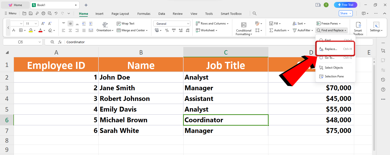 WPS Spreadsheet replace option