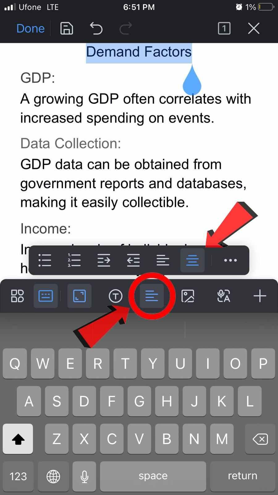 WPS Writer mobile align-center formatting on Android