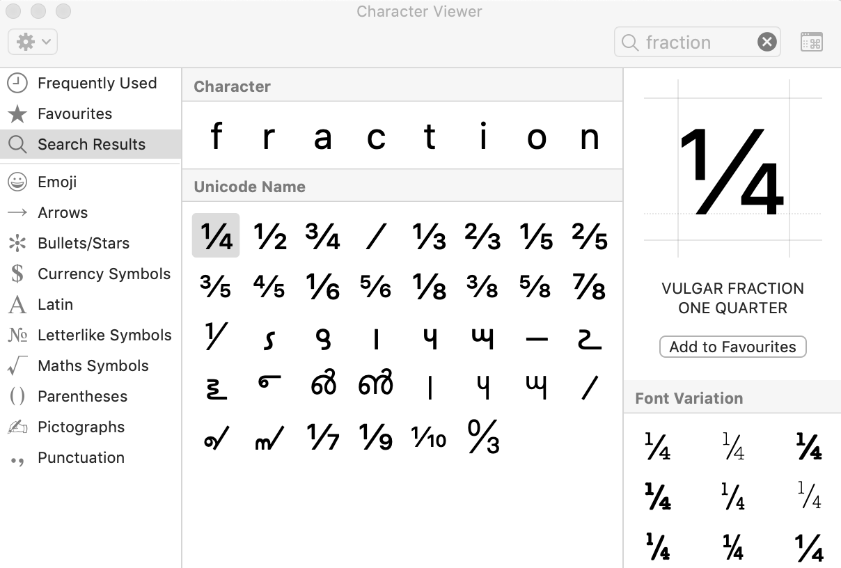 Fractions in the Character Viewer menu.