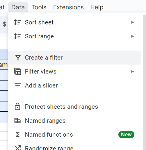 Select Create filter from data menu.