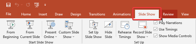Slide show tab on the ribbon