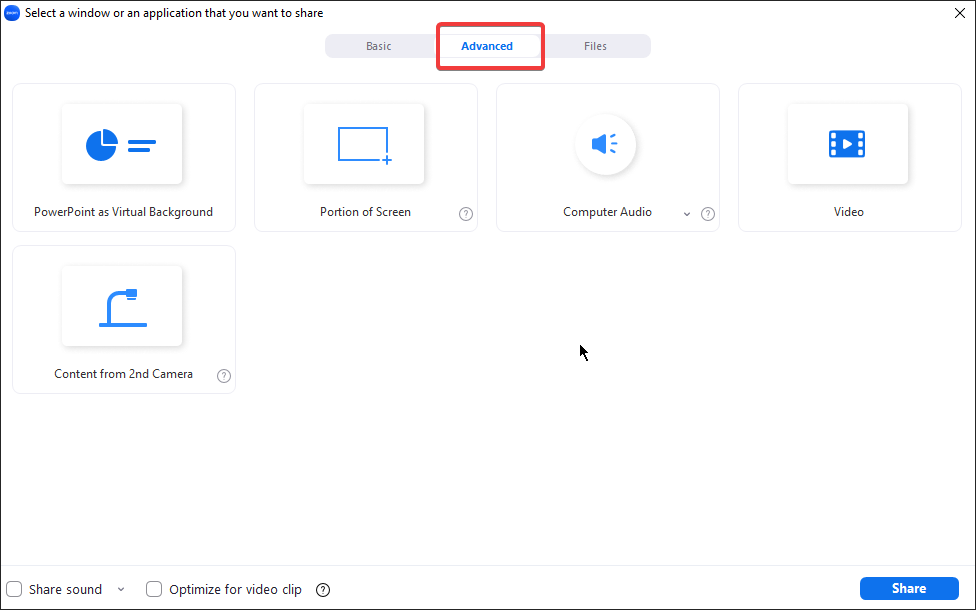 Zoom Share Screen and Advanced option