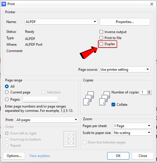 WPS Office Duplex option