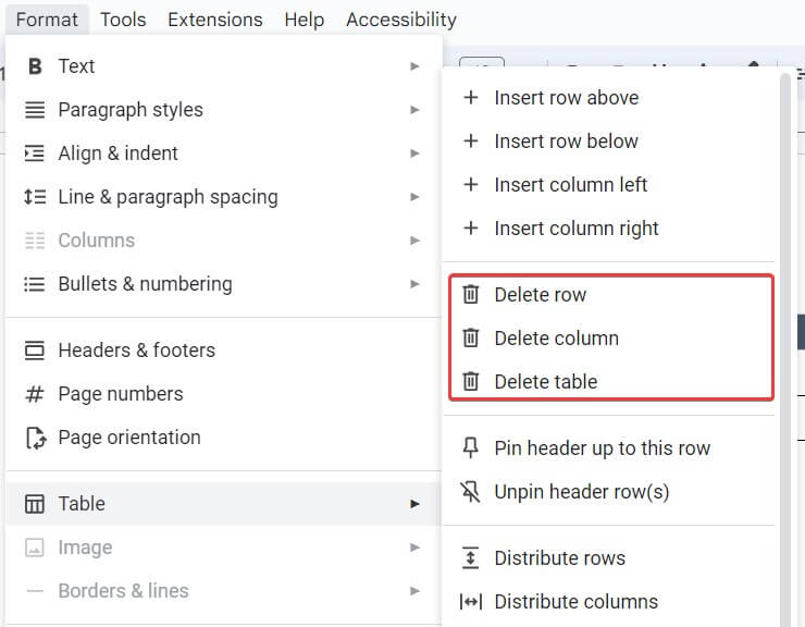 “Delete row, column or entire table” 