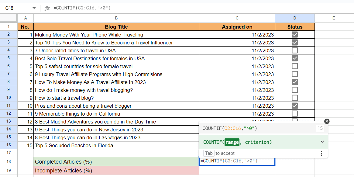 Google Sheets COUNTIF function