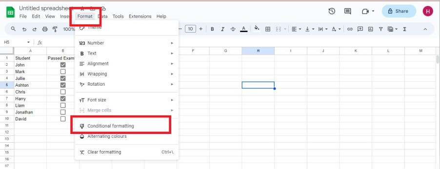 Google Sheets Format Menu