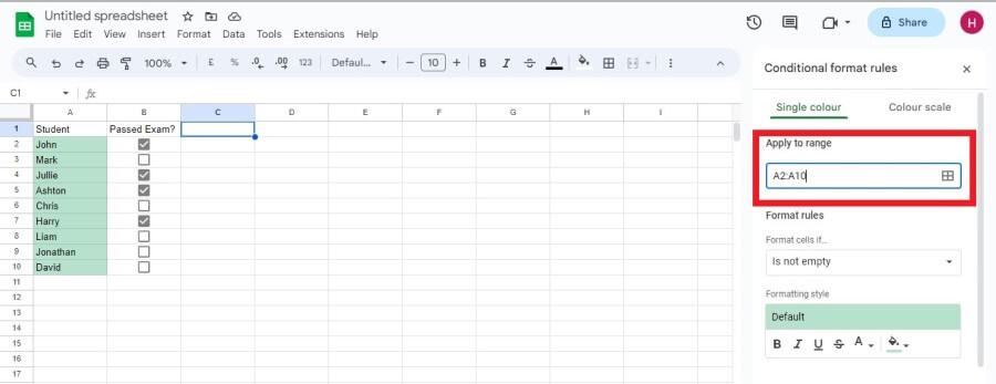Google Sheets Apply a Range