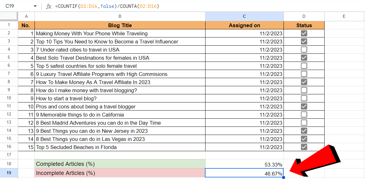 Google Sheets COUNT Percentage of Checkboxes