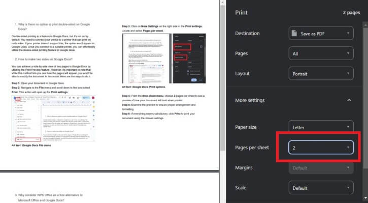 Google Docs Print options