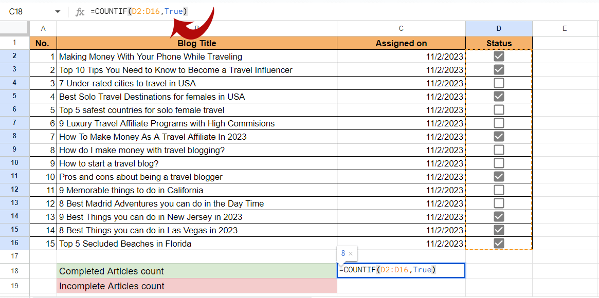 Google Sheets COUNTIF True criterion