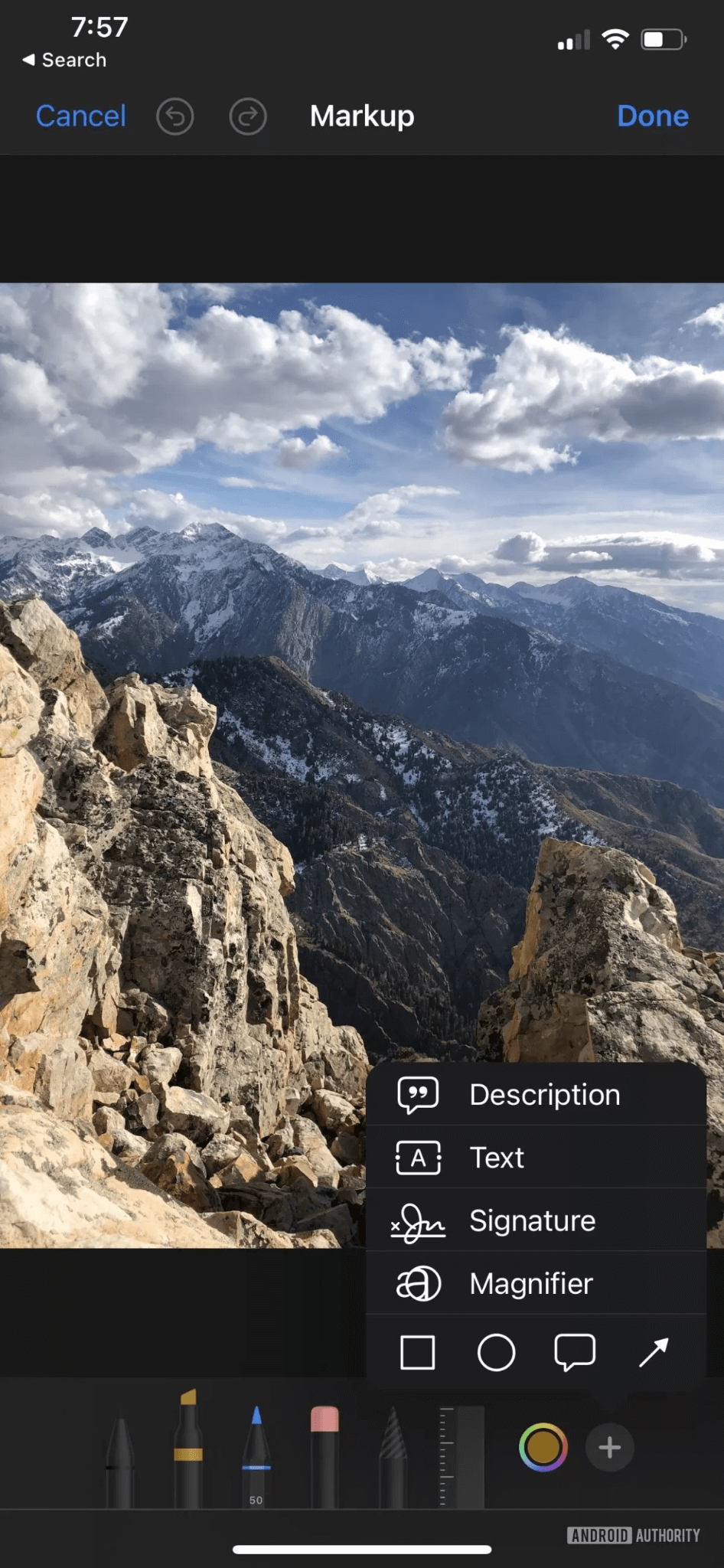 Tap the Markup icon (a pencil) in the upper right-hand corner