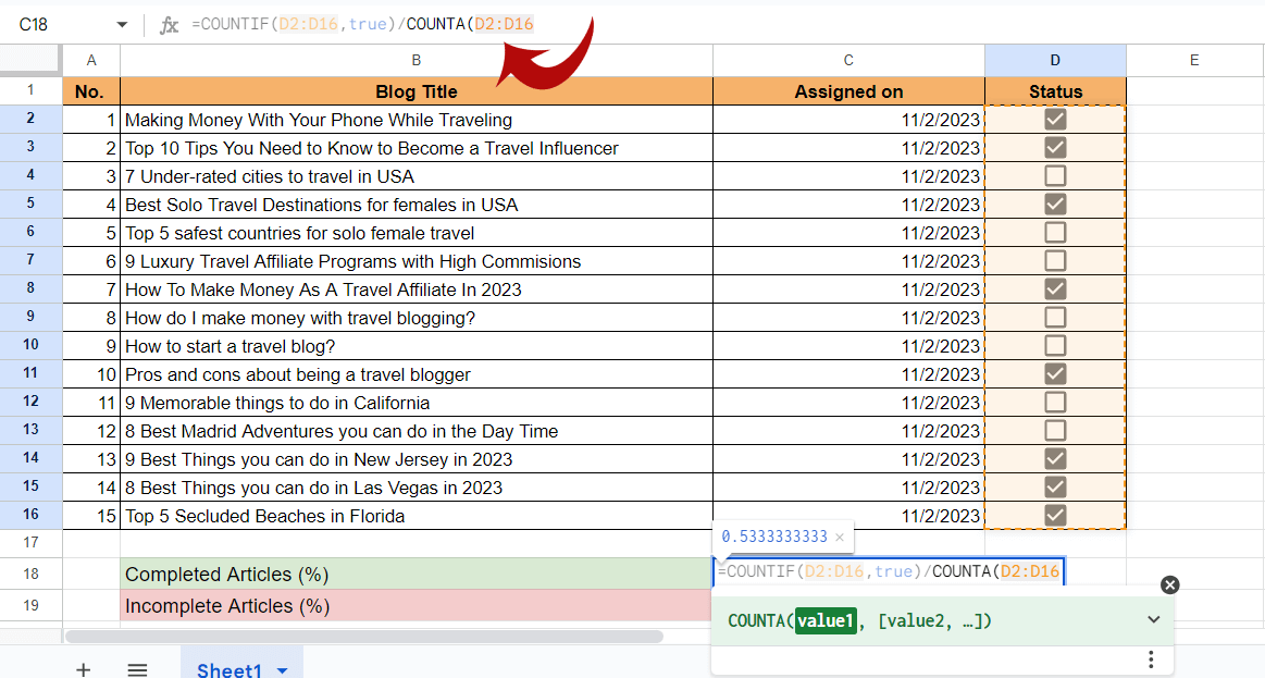 Google Sheets COUNTIF and COUNTA function