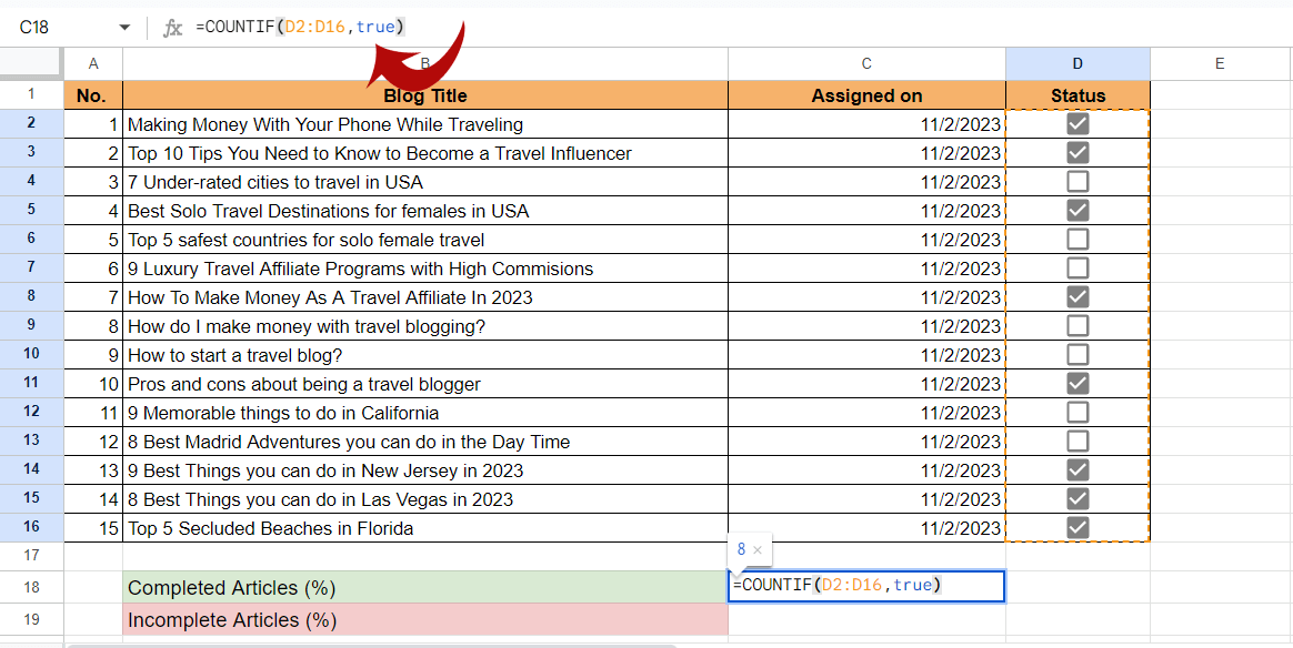 Google Sheets COUNTIF set criterion
