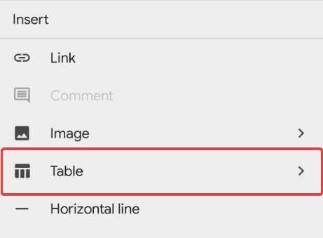  “Table icon on Google Docs”