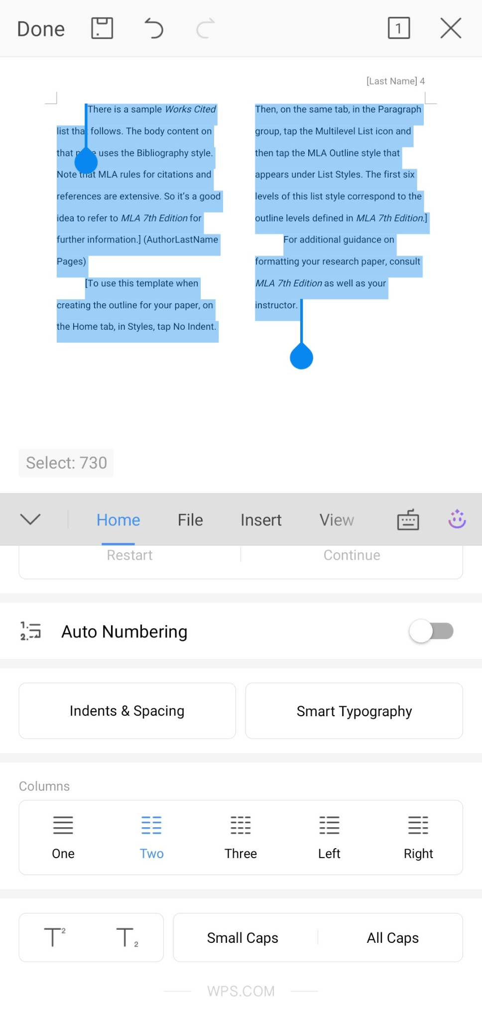 “Edit two-columned text on WPS Office Mobile”