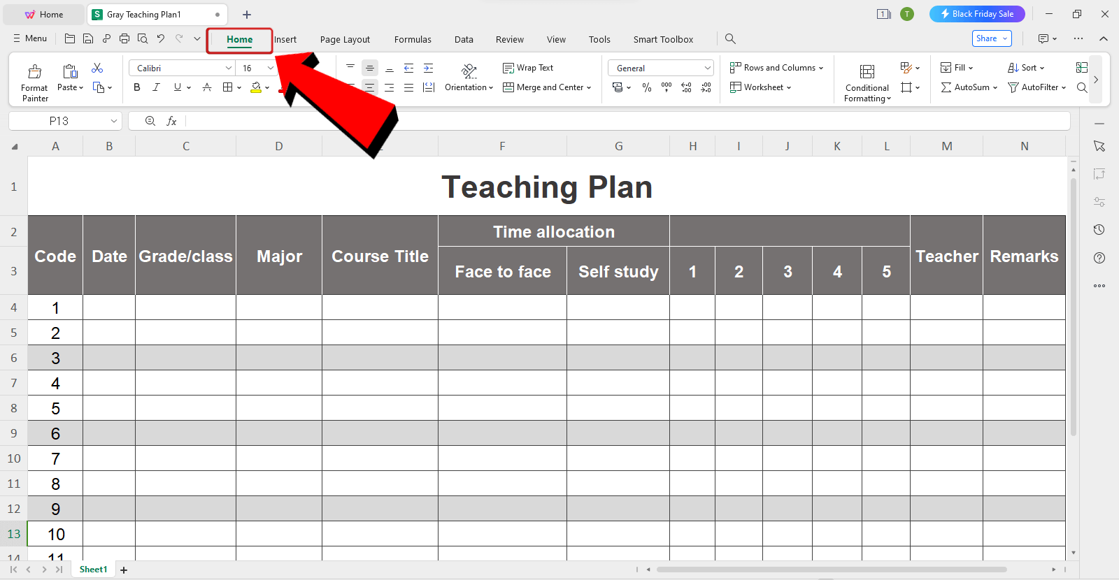 WPS Spreadsheet home tab