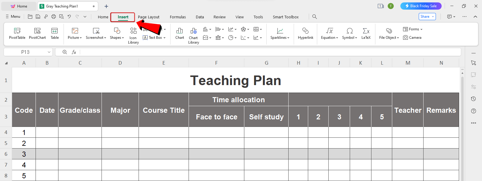 WPS Spreadsheet insert tab