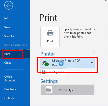 In Print select Microsoft Print to PDF