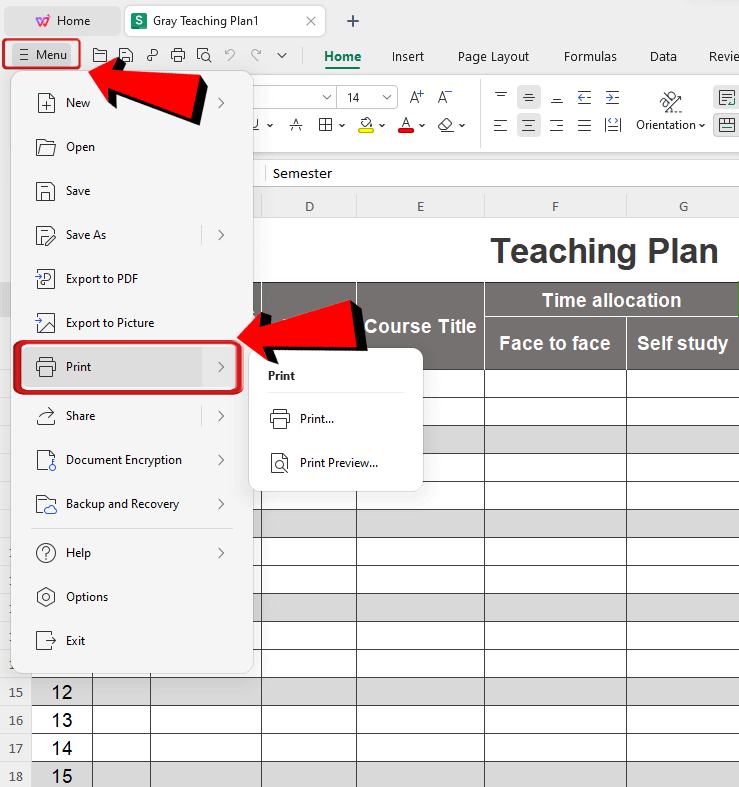 WPS Spreadsheet Print templates