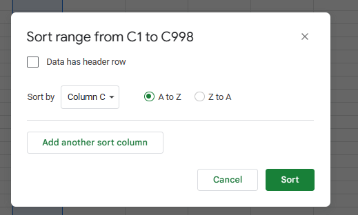 the Sort Range dialog box
