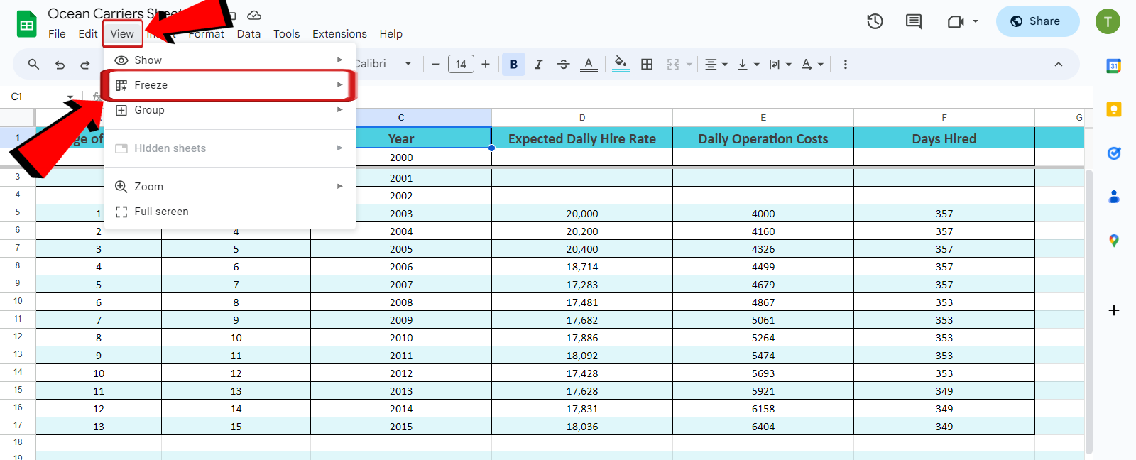 Google Spreadsheet Freeze option
