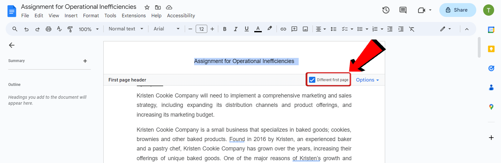 Google Docs Different first page option