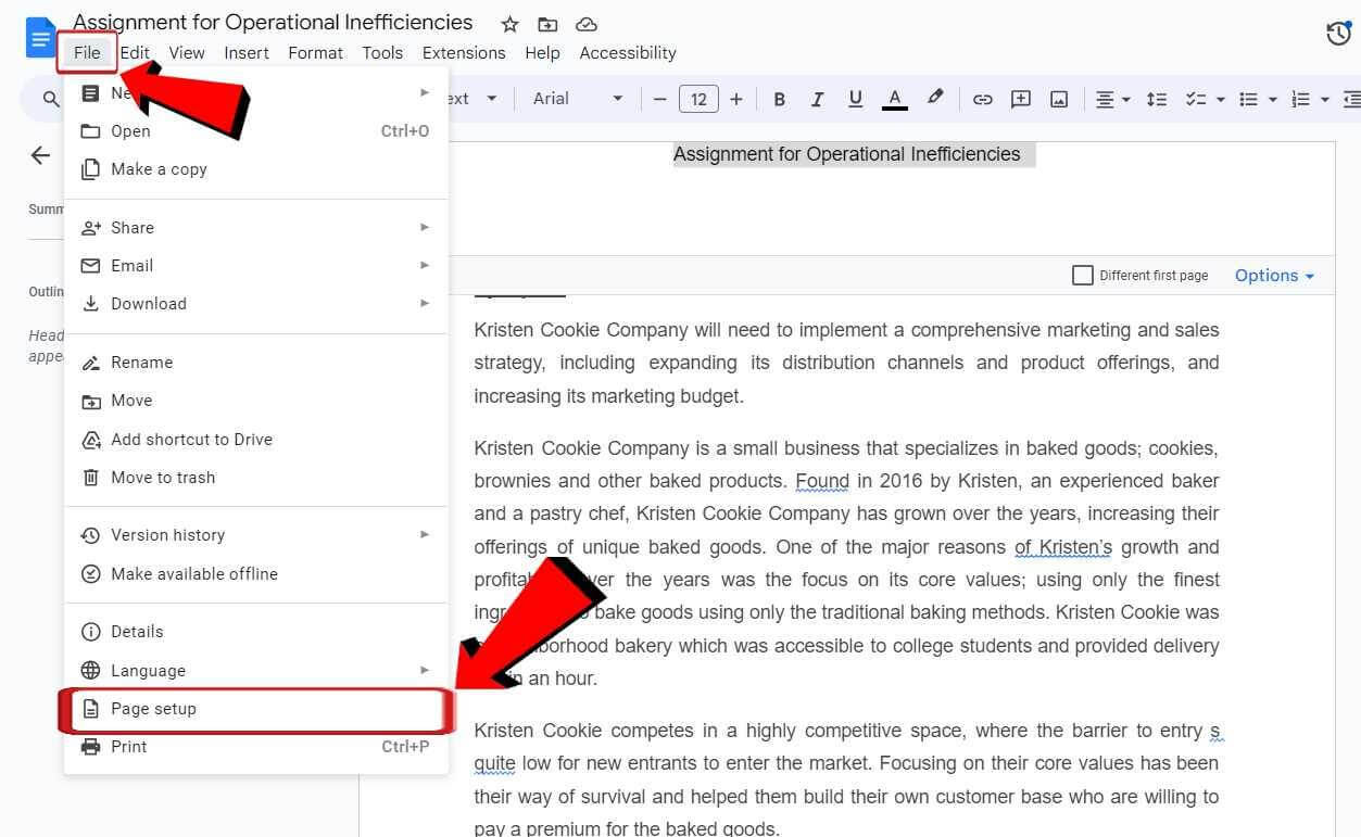 Google Docs Page setup