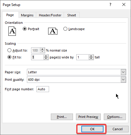 OK button on the bottom right of Page Setup Box