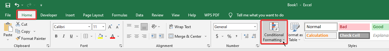  Home tab and Conditional formatting Option
