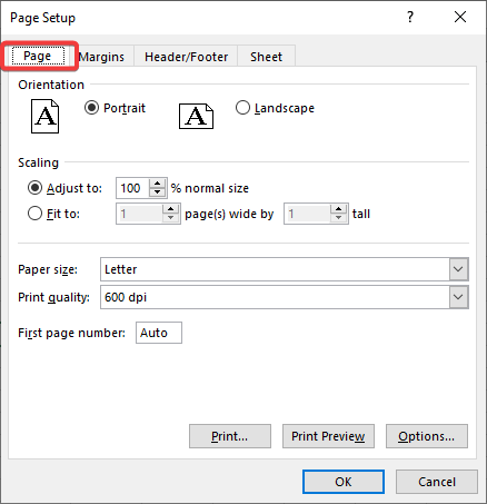 page setup box and go to Page tab