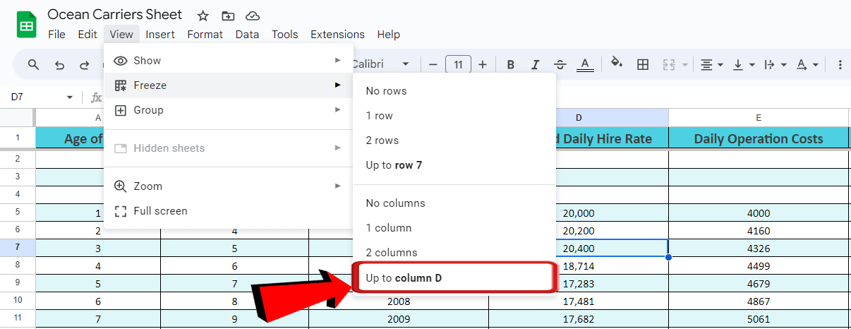  Google Spreadsheet freeze up to specific column